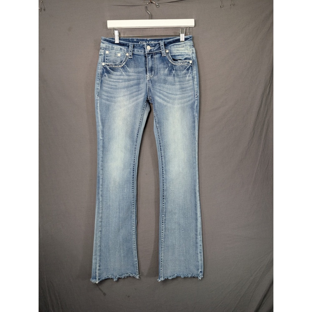 Grace in LA Womens Bootcut Jeans Size 27 Blue Embellished Wing Pockets EB0015-22